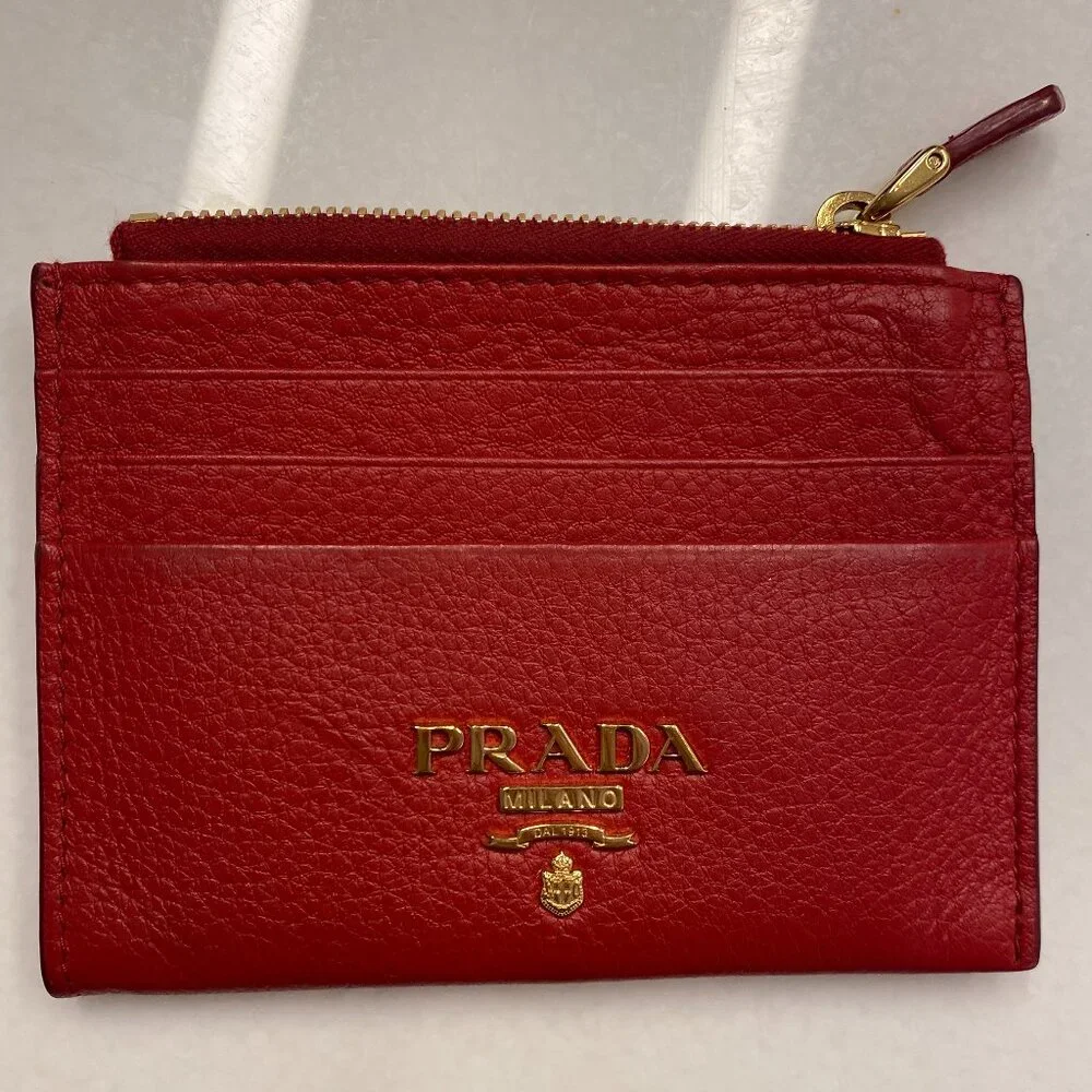 Prada red leather Moire and Saffiano card holder with gold-tone hardware - Picture 3 of 10